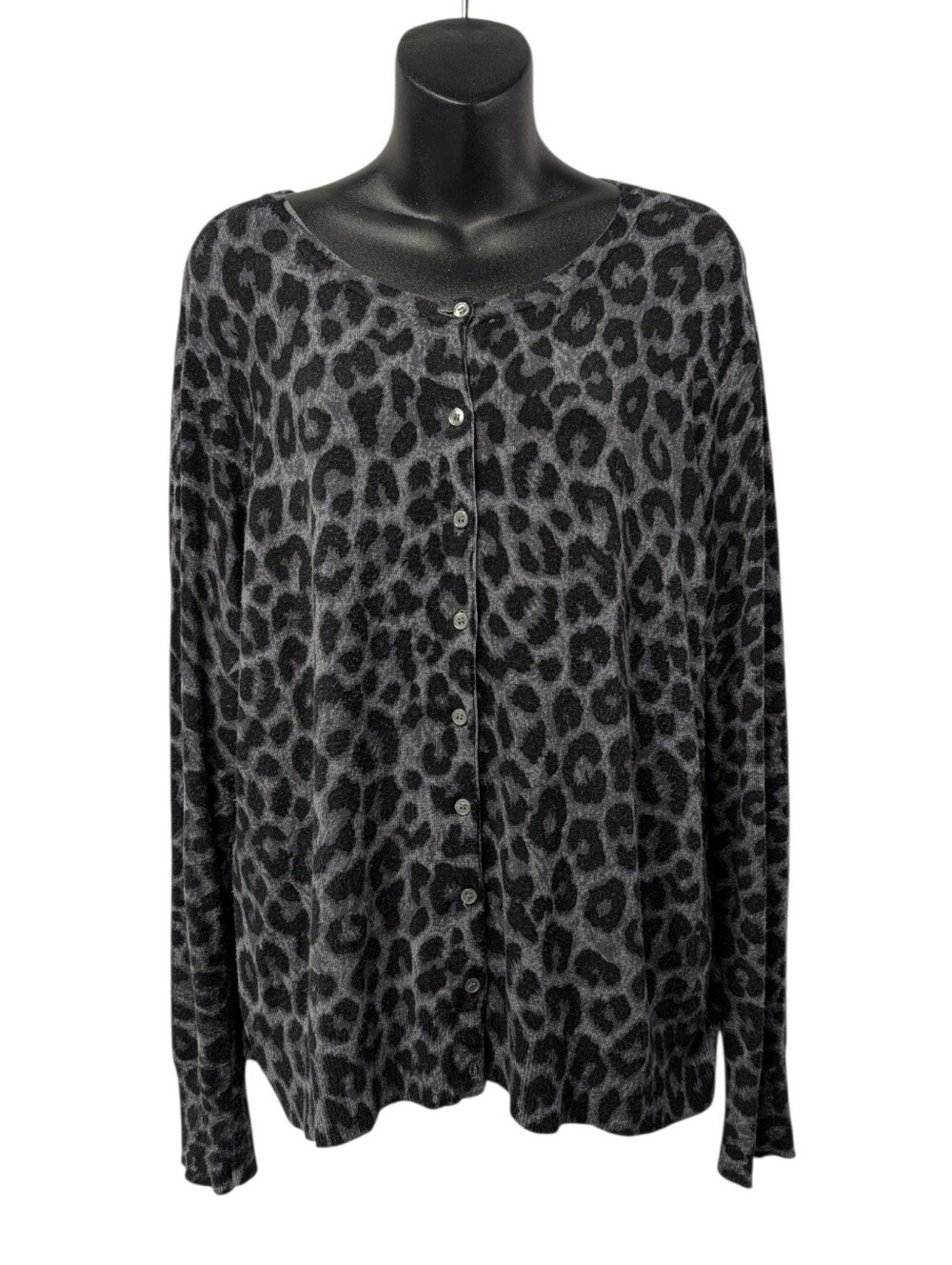 George Womens Gray Black Leopard Knit Button Front Cardigan Sweater 2XL